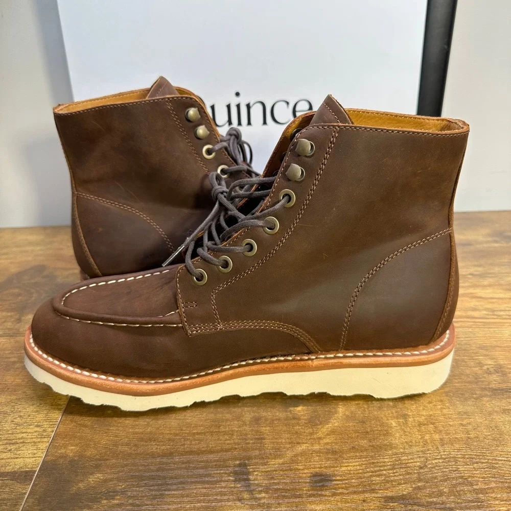 Quince Mens Leather Moc Toe Boots Brown Cowhide Wedge Sole‎ 10.5